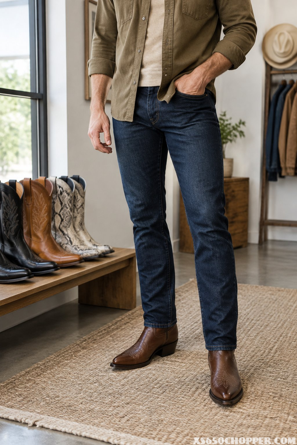 A man in jeans and a jacket stands beside several pairs of cowboy boots.