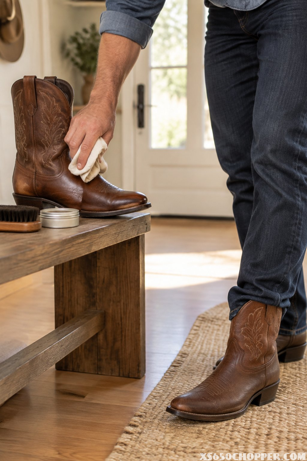 A man in jeans wears brown cowboy boots while caring for a matching boot on a bench.