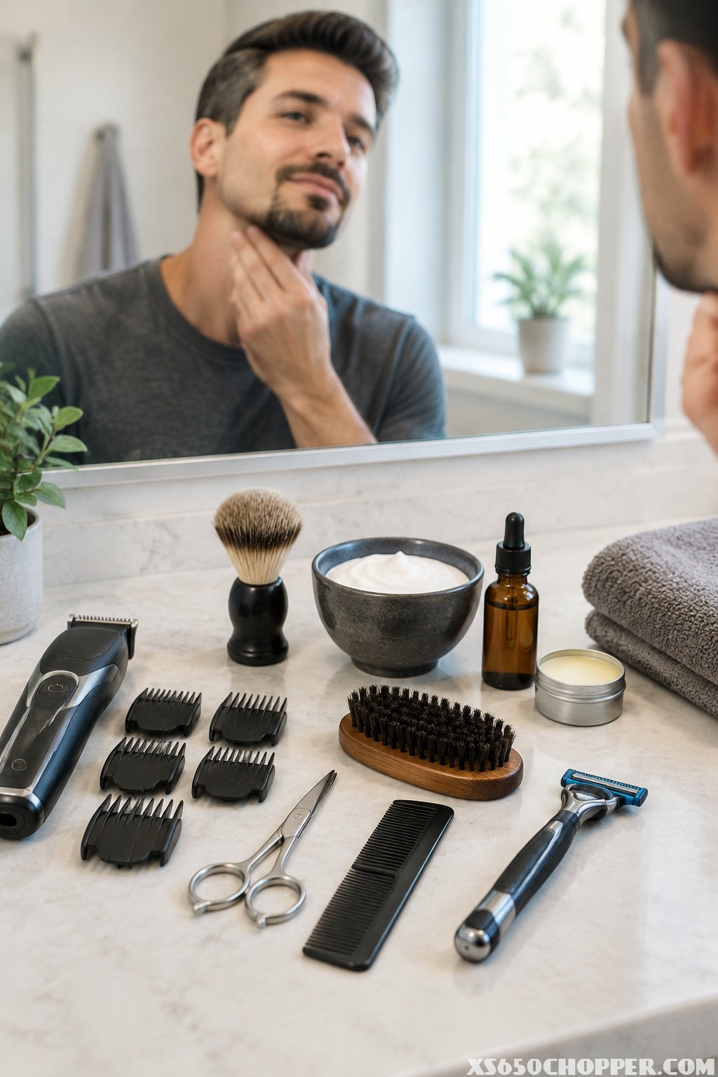 A man with a goatee stands behind an assortment of beard grooming tools on a bathroom counter.
