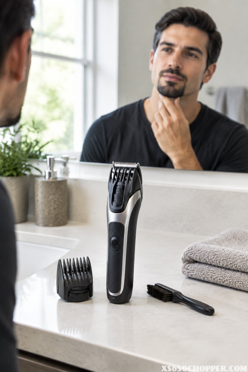 A beard trimmer and grooming accessories sit on a bathroom vanity while a man with a goatee checks his reflection.
