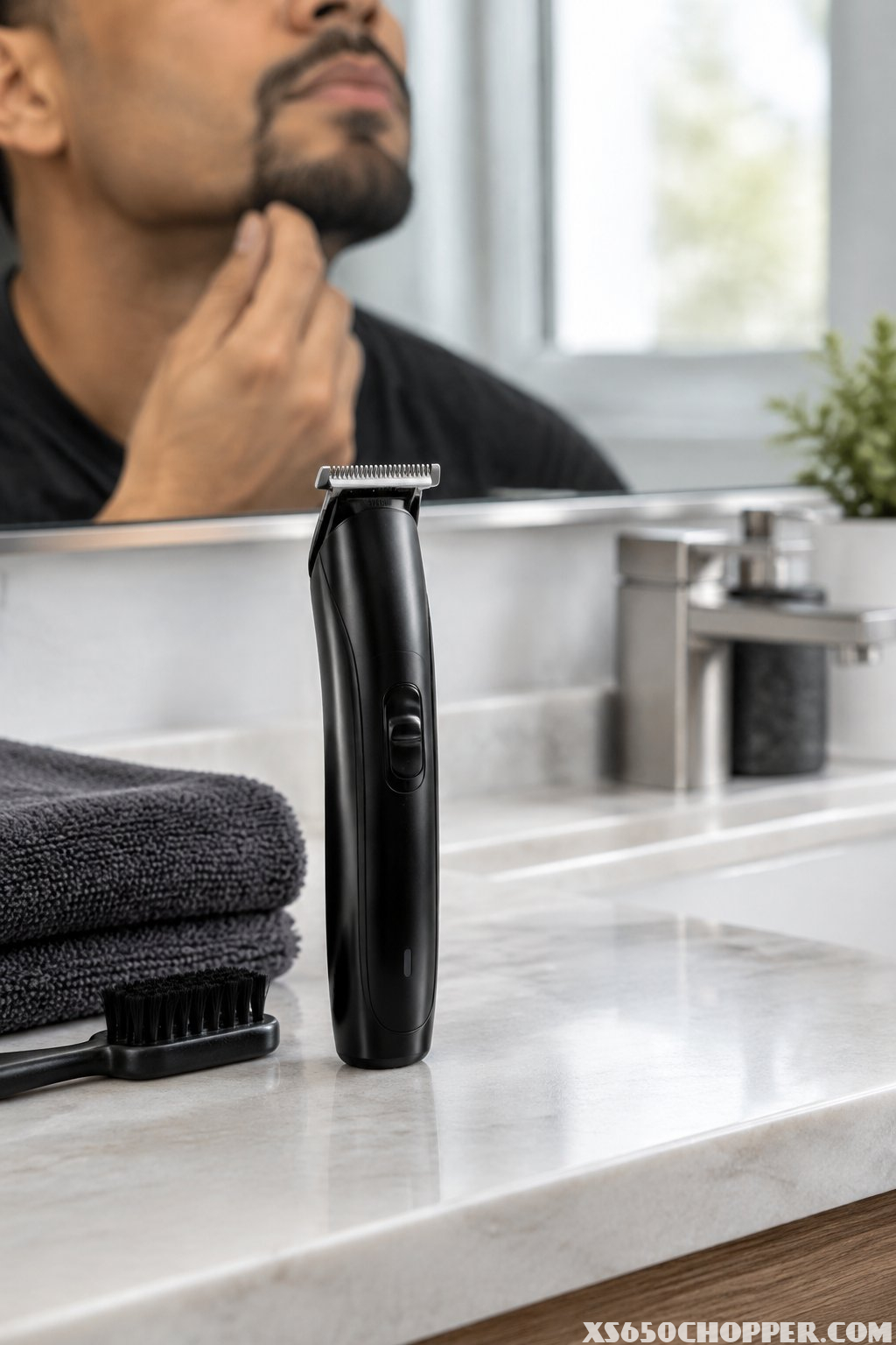 A cordless trimmer rests on a bathroom vanity beside grooming accessories, with a man checking his goatee in the mirror.