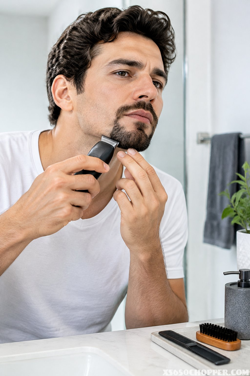 A man uses a precision trimmer to shape his goatee at a bathroom vanity.