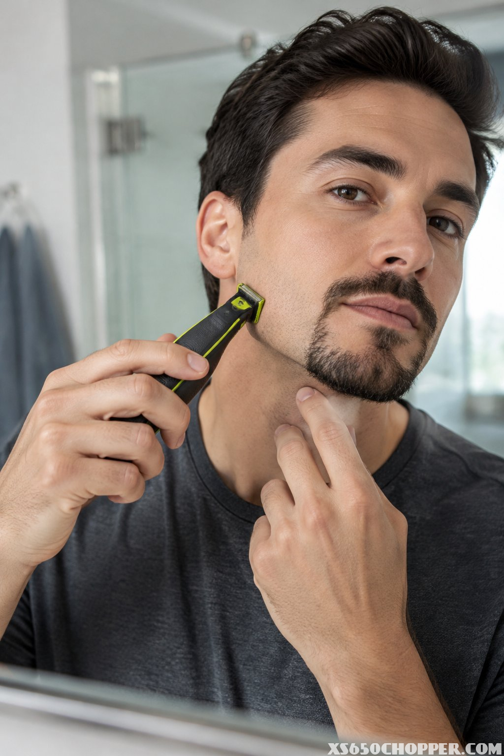 A man uses an electric trimmer to shape his goatee.