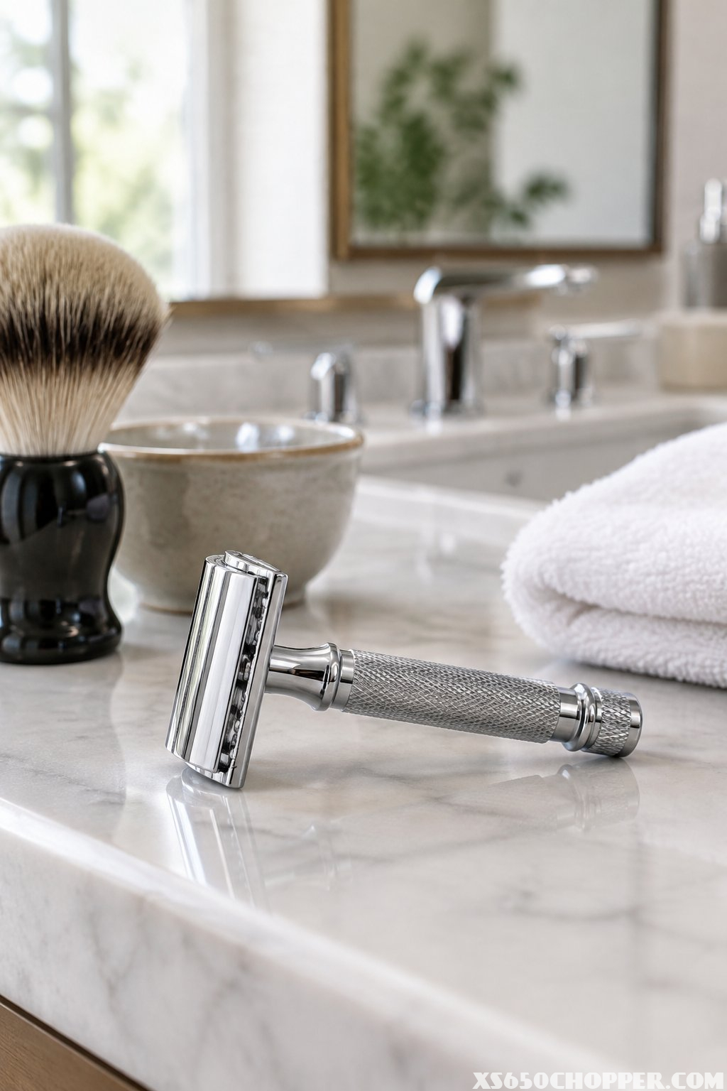 A chrome safety razor rests beside a shaving brush, bowl, and folded towel on a bathroom counter.