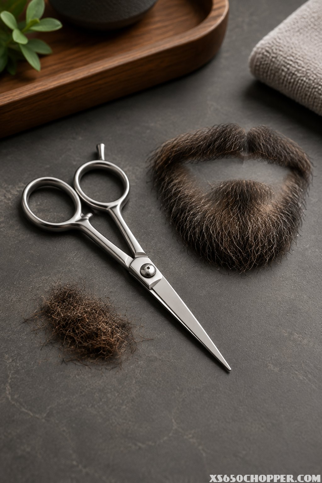 Moustache scissors beside a neatly groomed goatee.