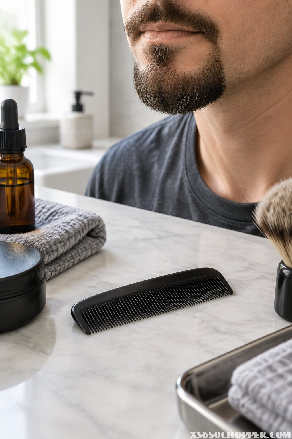 A black pocket comb beside a neatly groomed goatee.