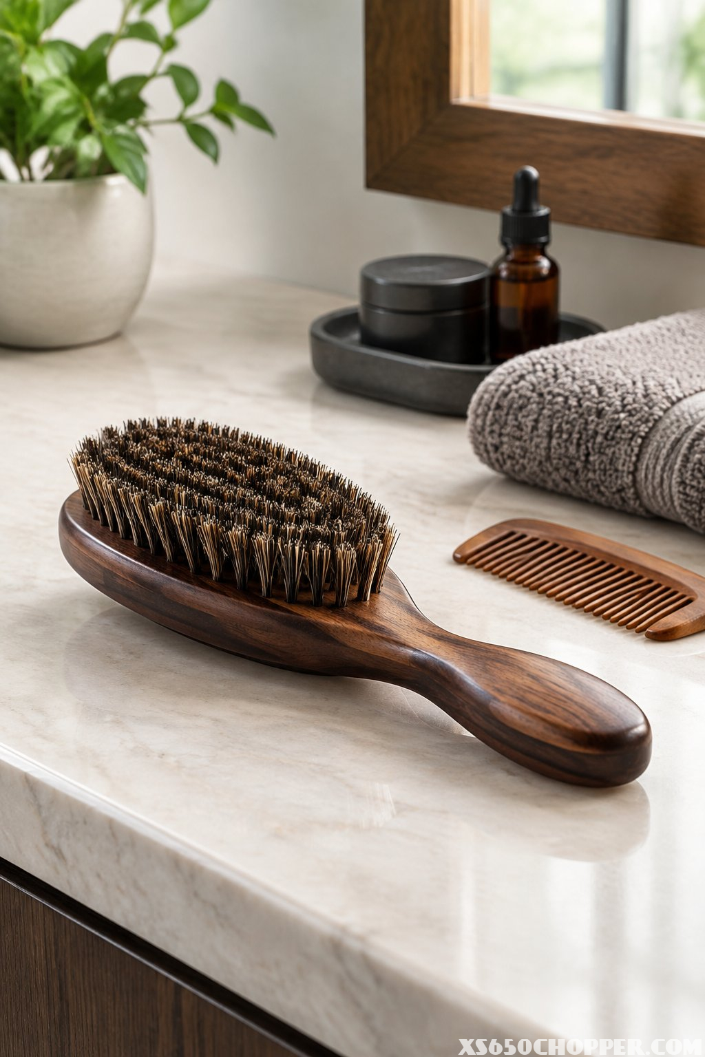 A boar-bristle beard brush rests on a bathroom vanity beside a comb and folded towel.