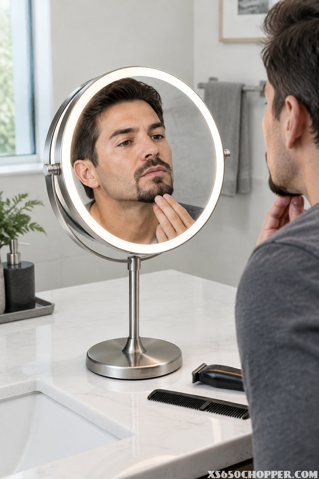 A man checks his neatly trimmed goatee in a lighted vanity mirror.