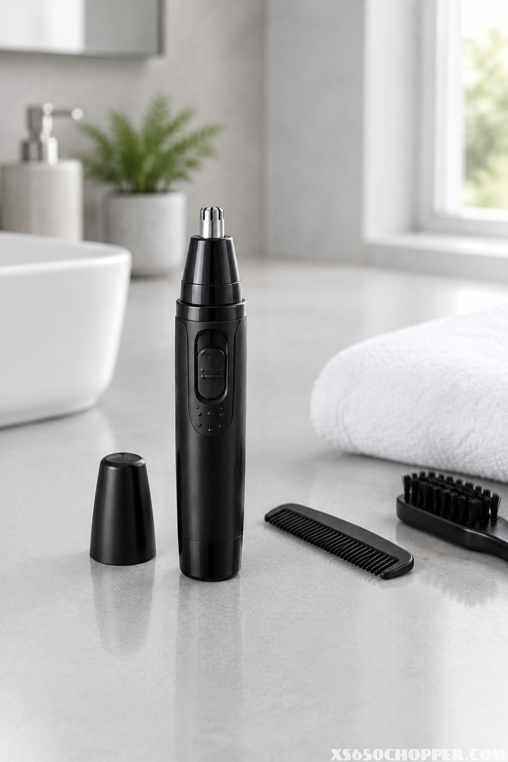 A black nose and ear hair trimmer beside a beard comb, grooming brush, and folded towel.