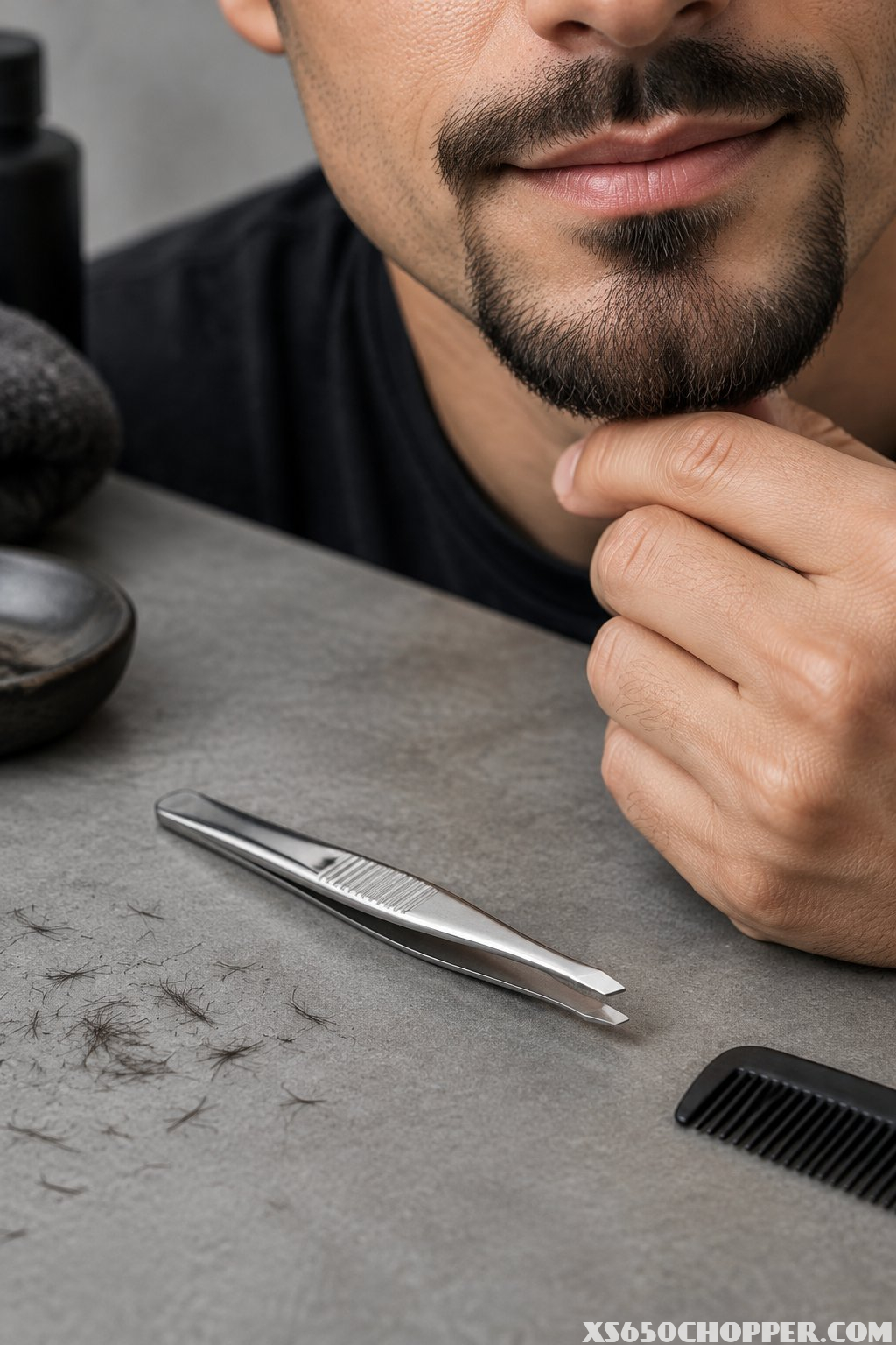 A man with a neatly groomed goatee beside a slant-tip tweezer and grooming tools.