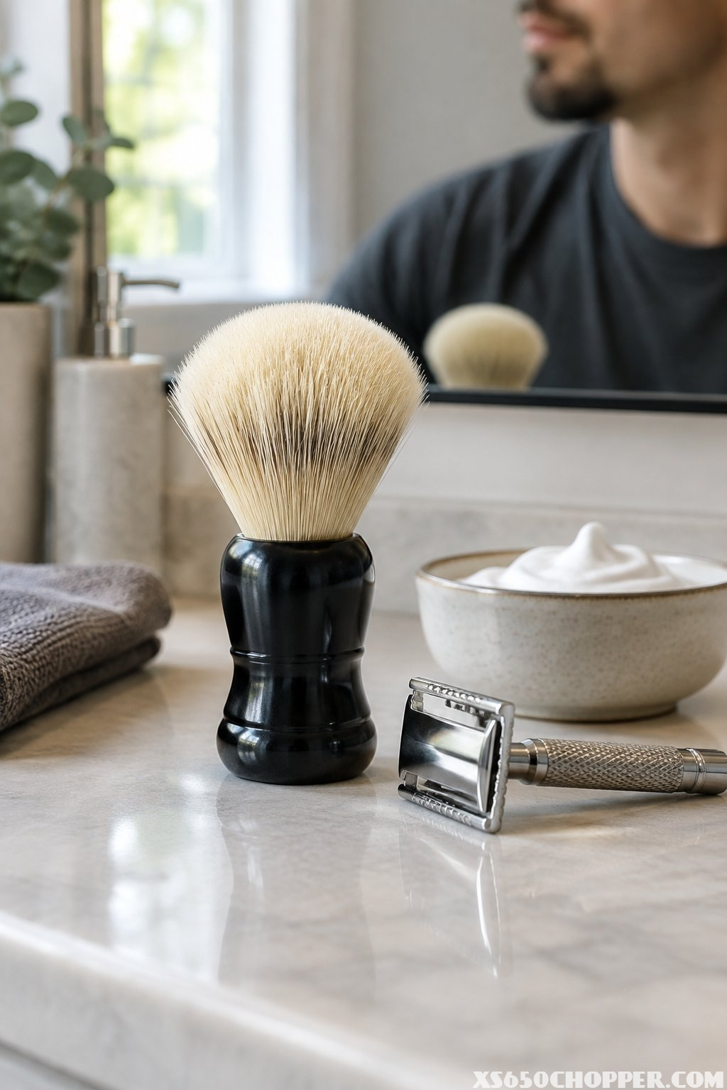 A shaving brush, razor, and bowl of shaving cream on a bathroom counter.