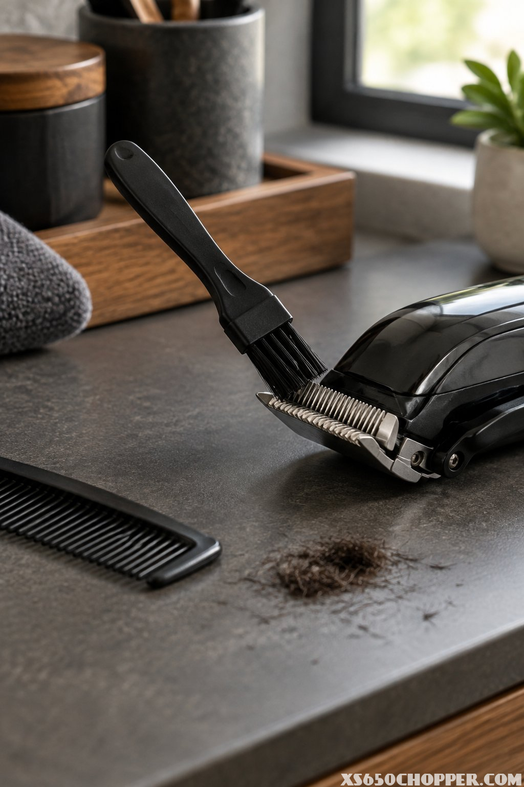 A small cleaning brush beside an electric hair clipper on a grooming counter.