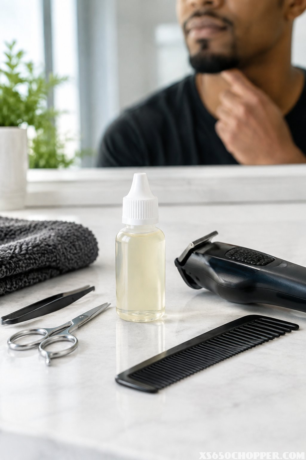 Clipper oil and grooming tools arranged beside a man with a neatly trimmed goatee.