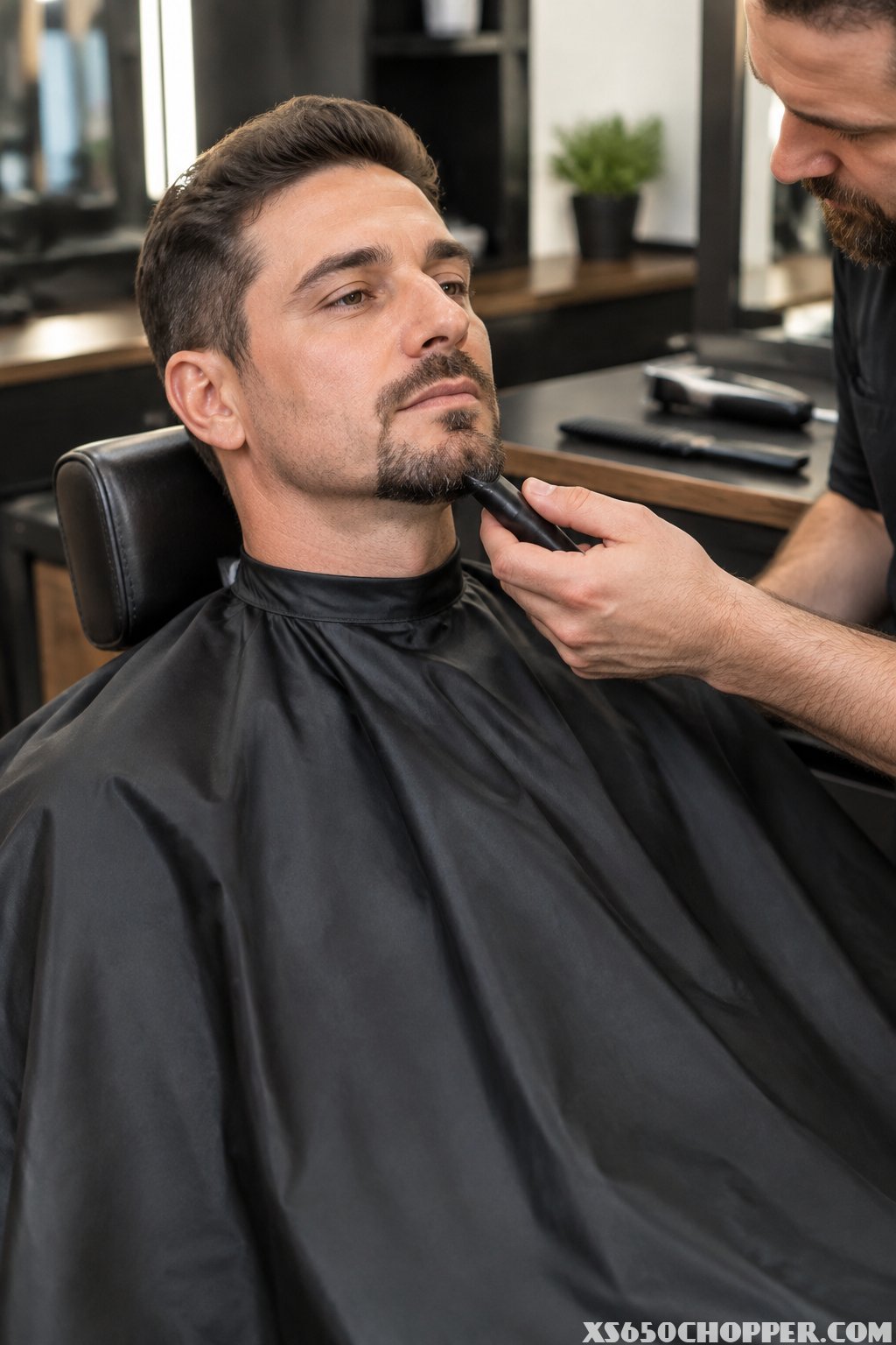 A barber trims a seated man's goatee while he wears a dark barber cape.