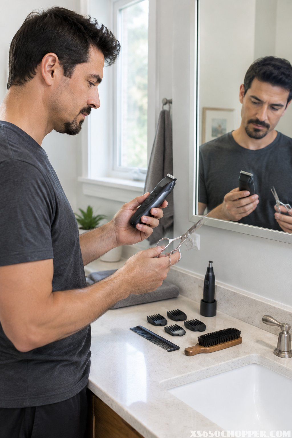 A man with a goatee compares grooming tools at a bathroom vanity.