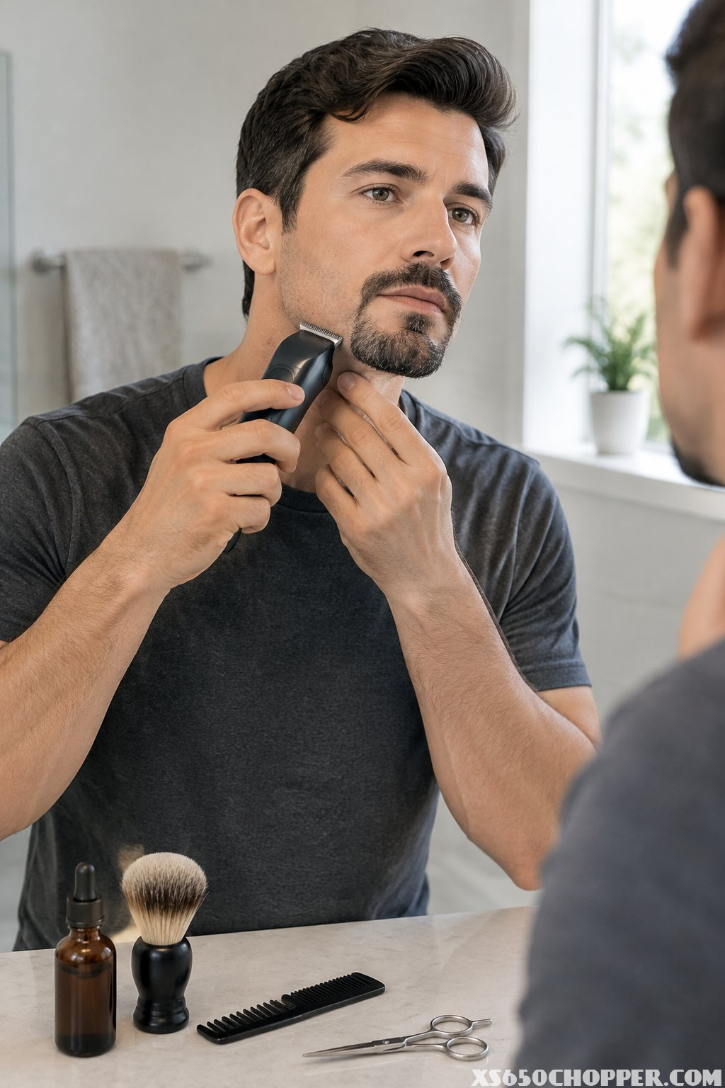 A man trims his goatee at a bathroom mirror with grooming tools on the counter.