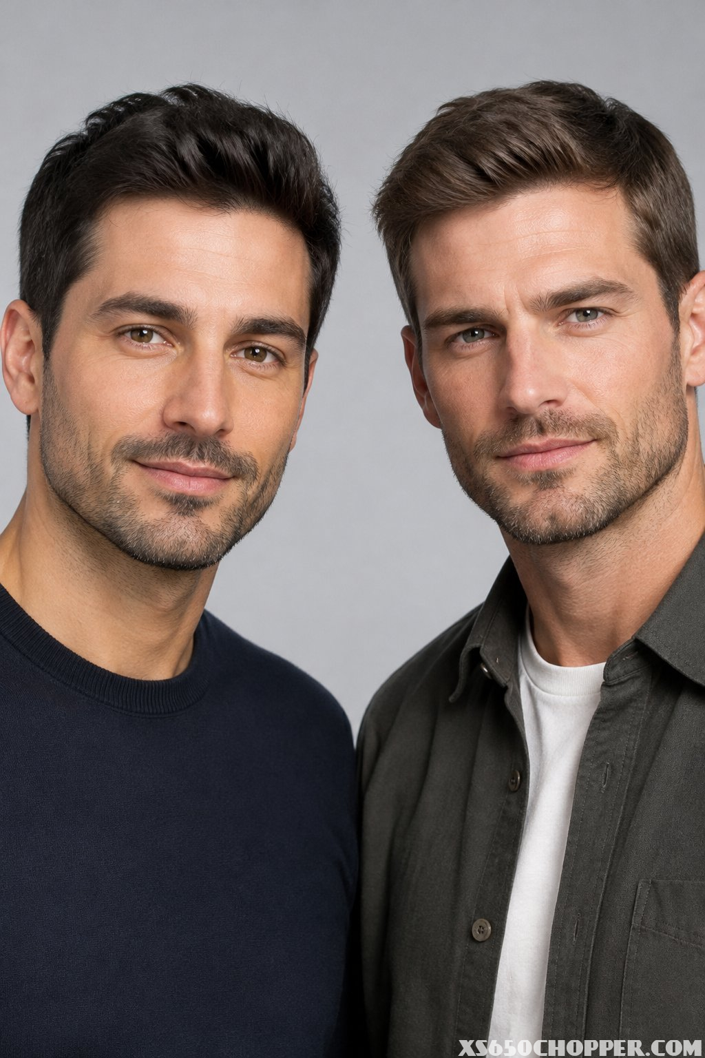 Two men with neatly trimmed stubble pose side by side.