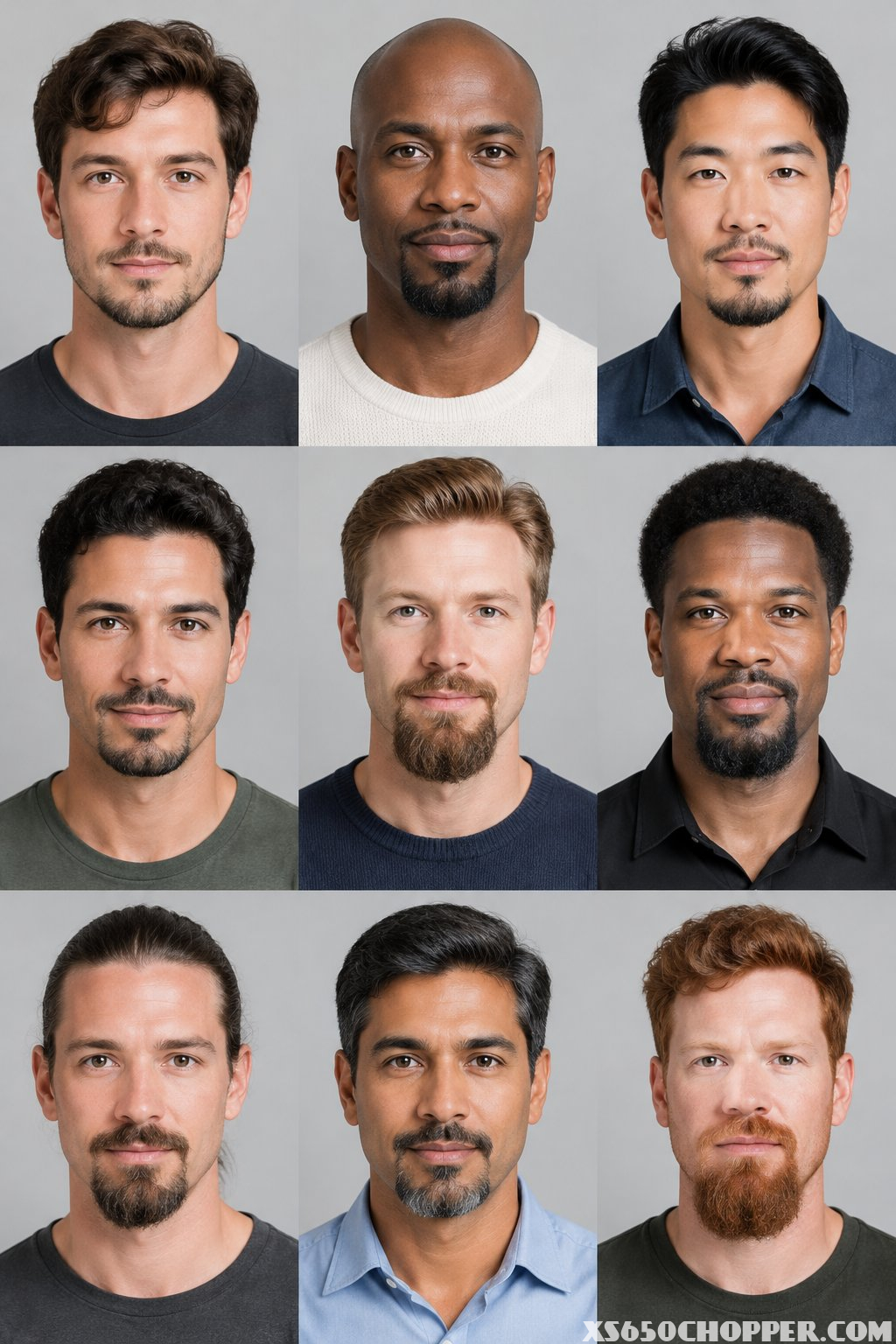 Nine men with different face shapes and goatee lengths.