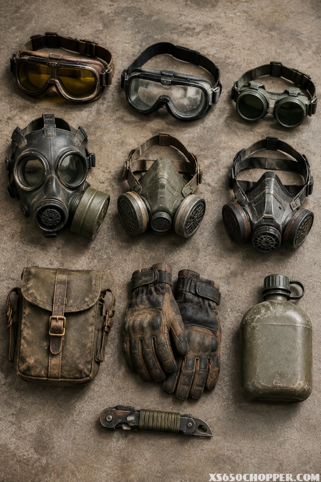 Twelve rugged wasteland accessories, including goggles, straps, gas masks, gloves, a pouch, and a canteen, arranged on a worn surface.