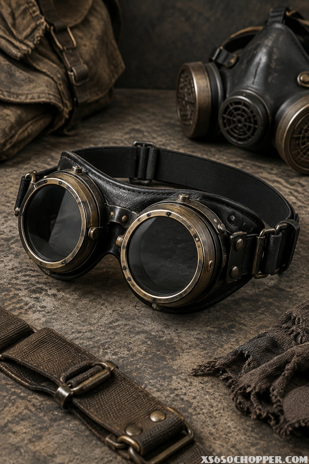 Black goggles arranged with a strap and gas mask.