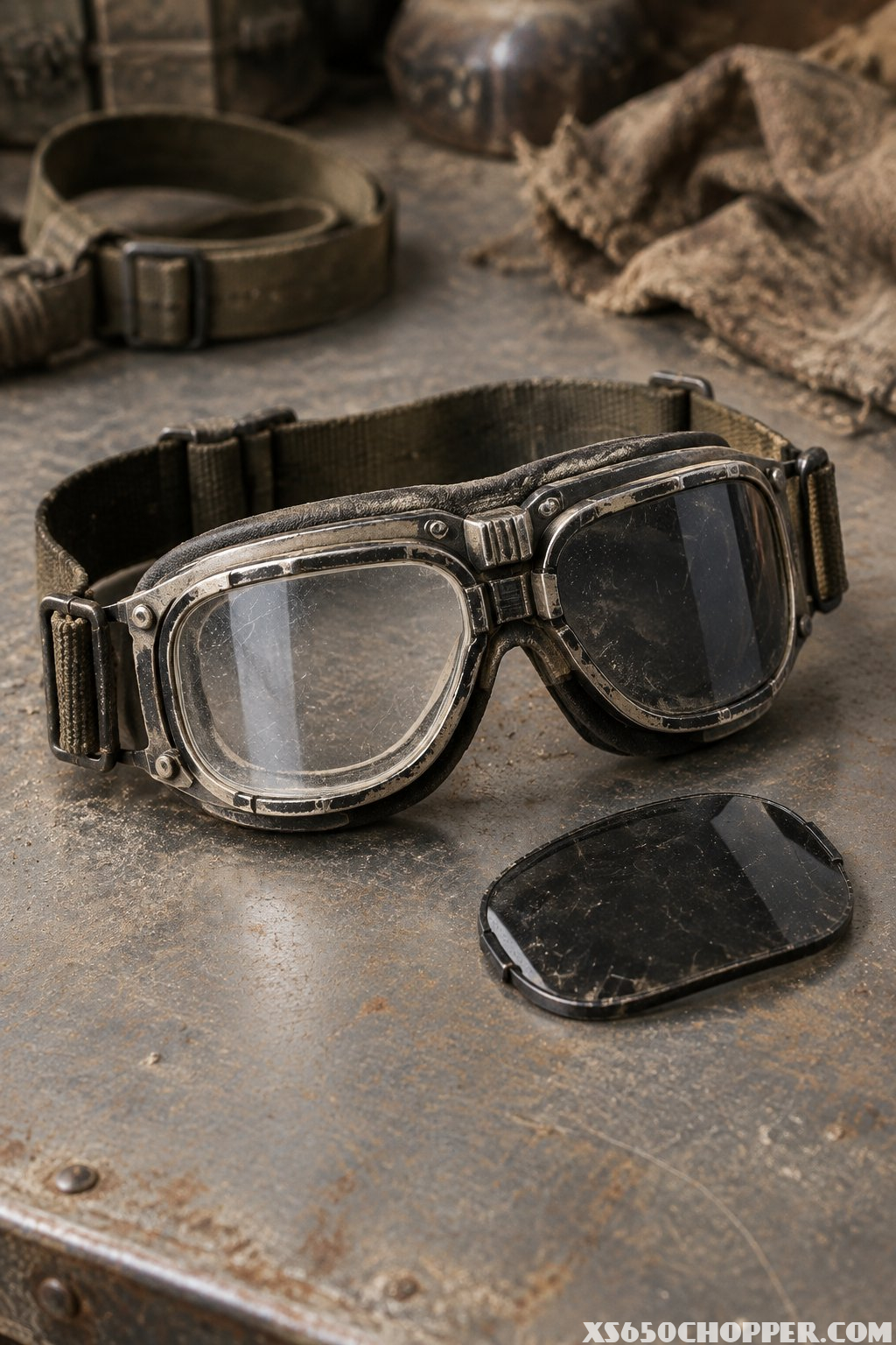 A pair of rugged goggles with one clear lens and one dark lens rests on a dusty metal surface.