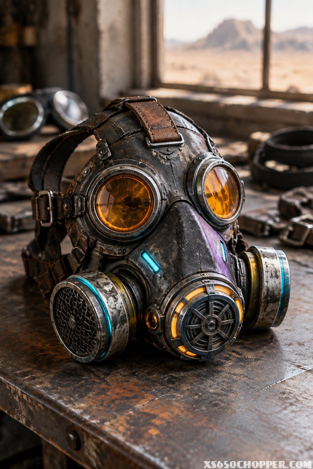 A custom gas mask with glowing lights and worn straps rests on a metal workbench.