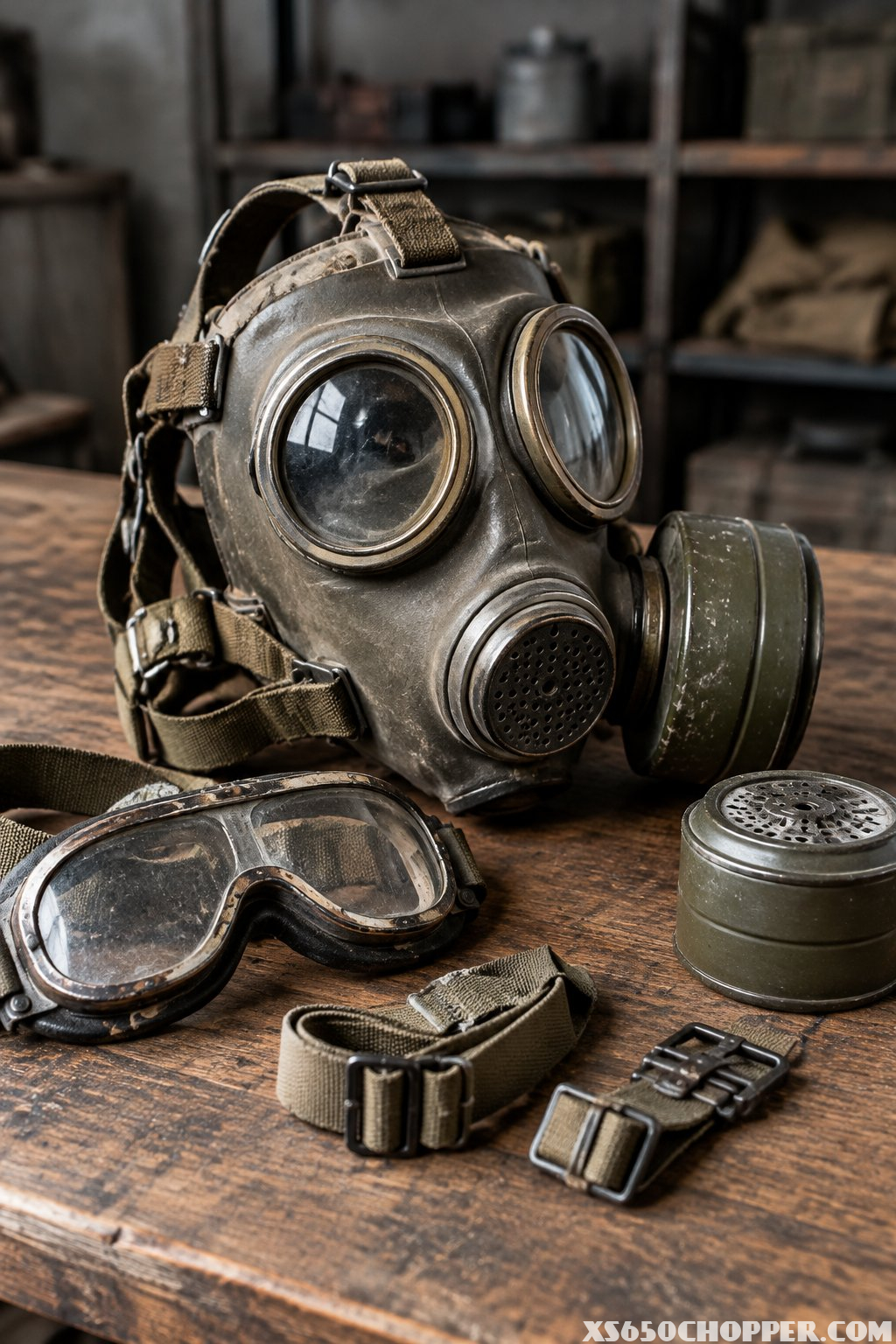 A gas mask and rugged field accessories arranged on a workbench.