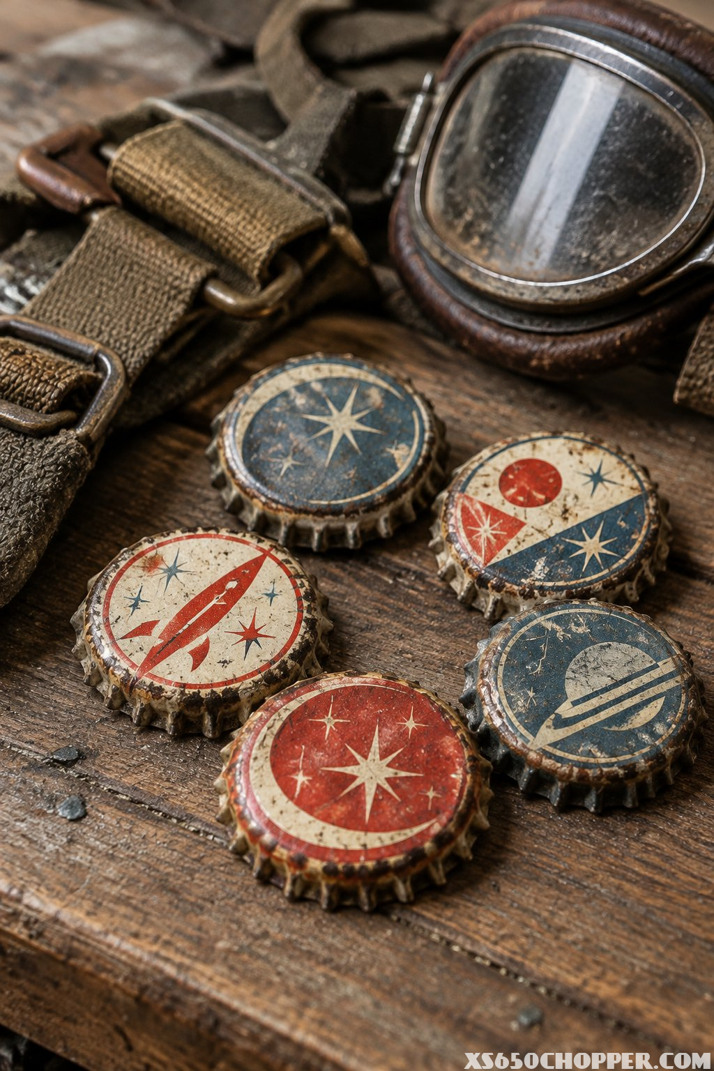 Colorful bottle-cap tokens arranged beside goggles and a canvas strap on a wooden workbench.