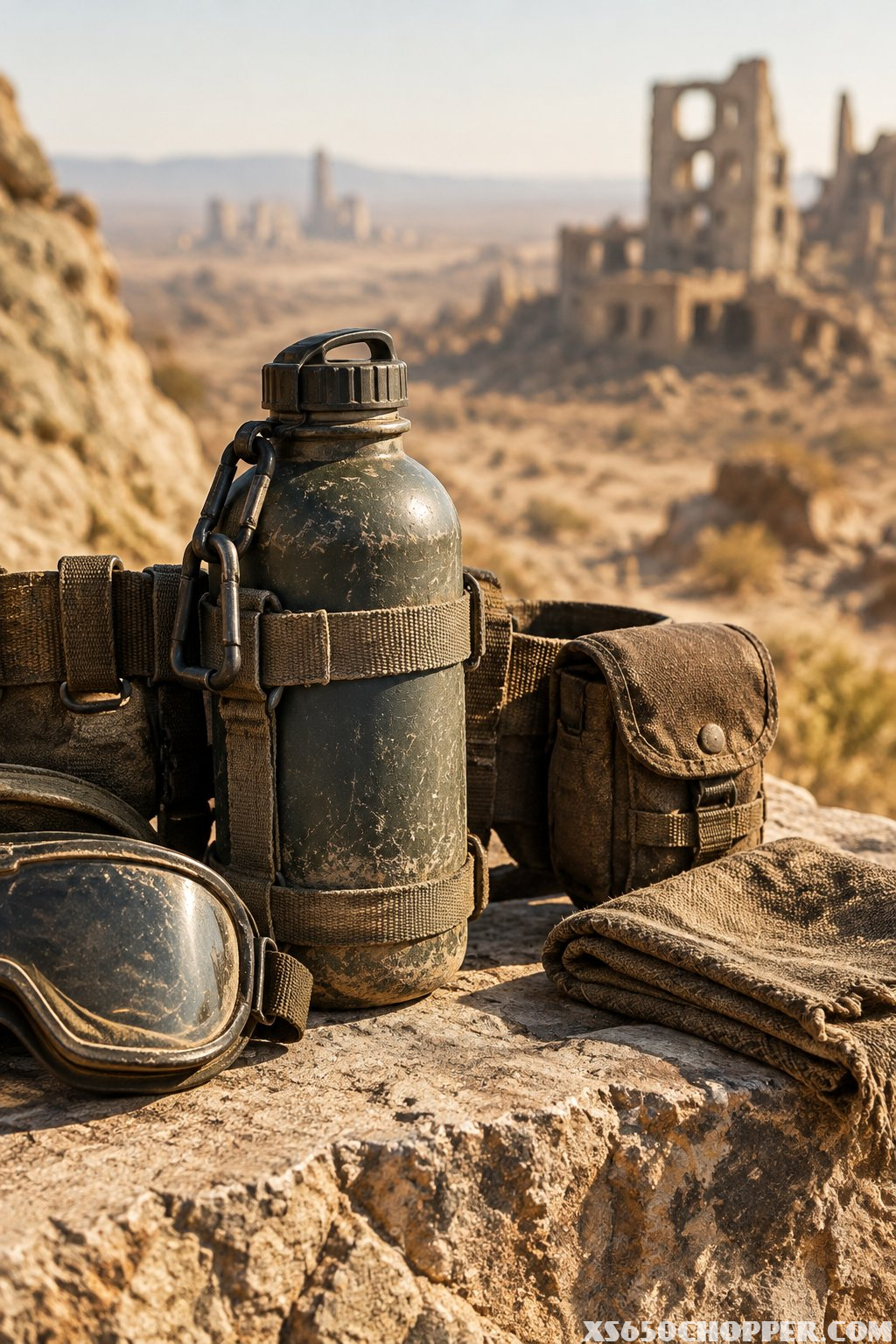 A metal water bottle attached to a utility belt beside goggles and a small gear pouch.