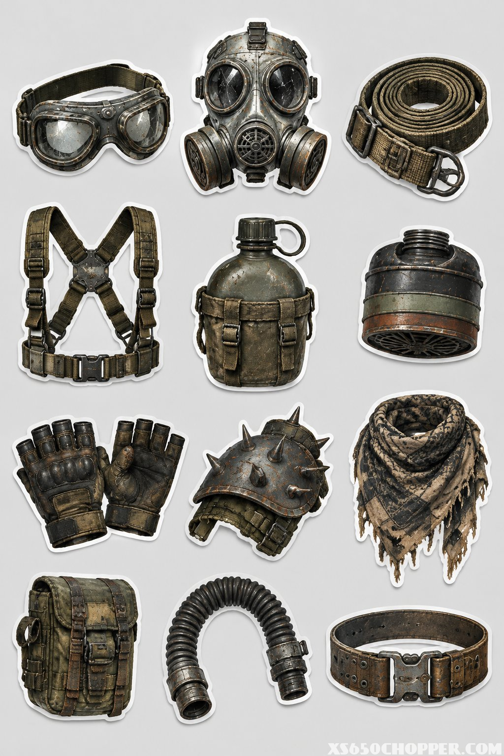 A collection of twelve rugged wasteland accessories arranged as stickers.