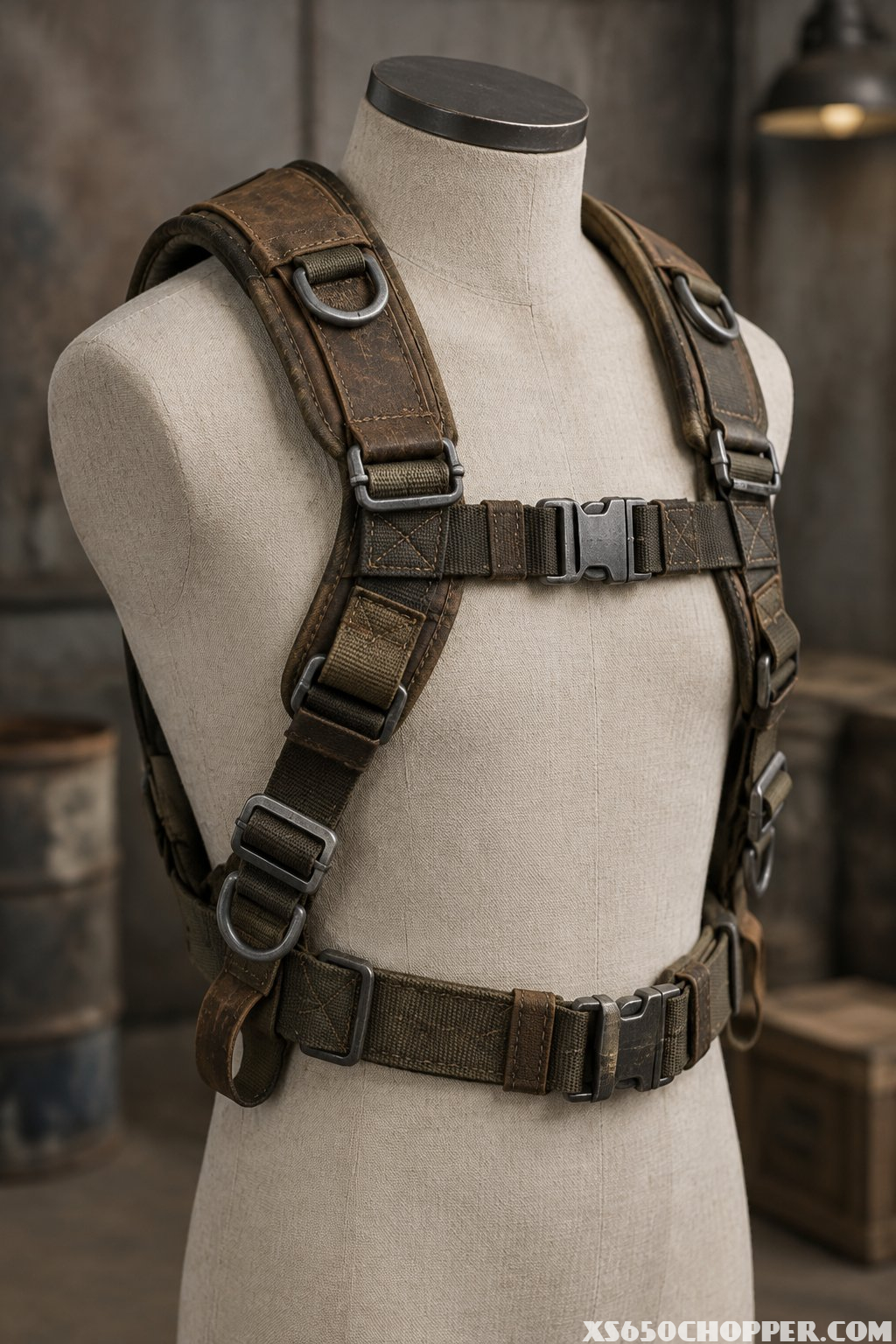 A rugged adjustable shoulder harness displayed on a torso form.