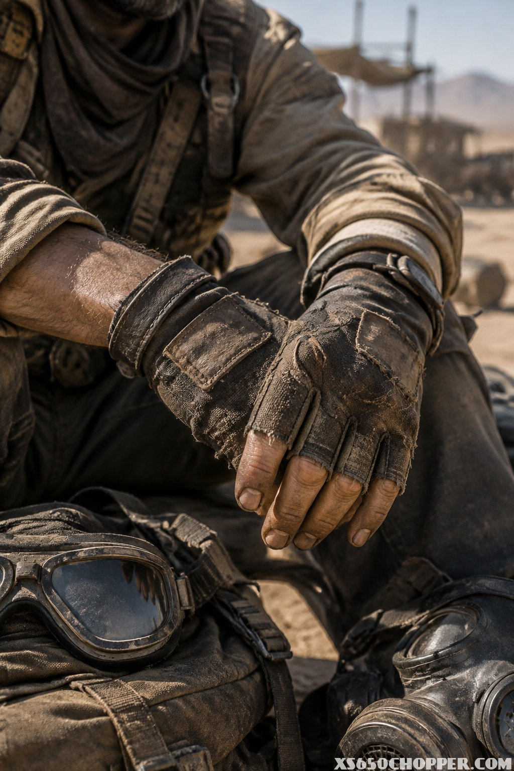 A person wearing weathered fingerless gloves with rugged accessories nearby.