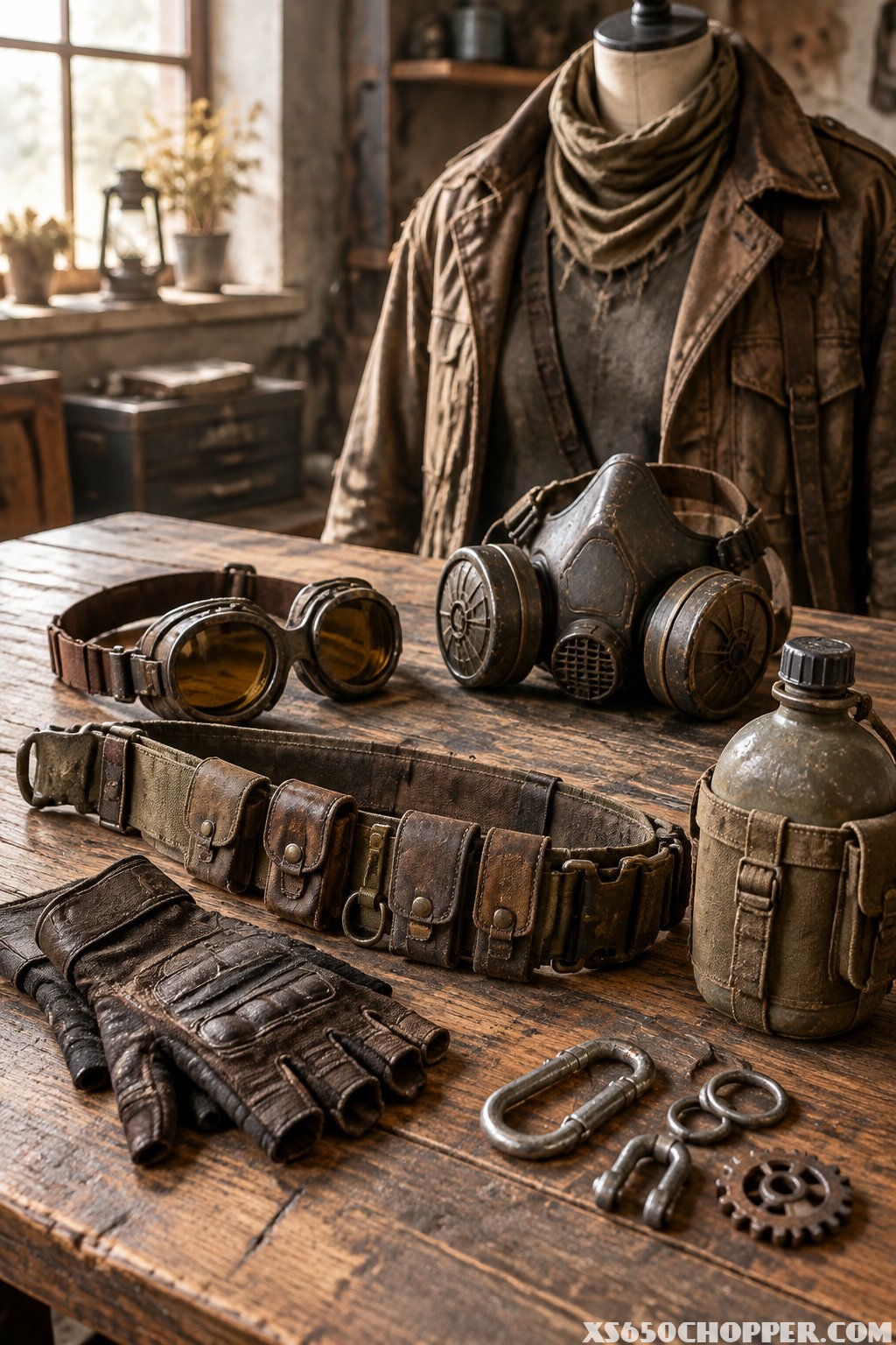 Goggles, straps, a respirator mask, gloves, and utility gear arranged on a workbench.