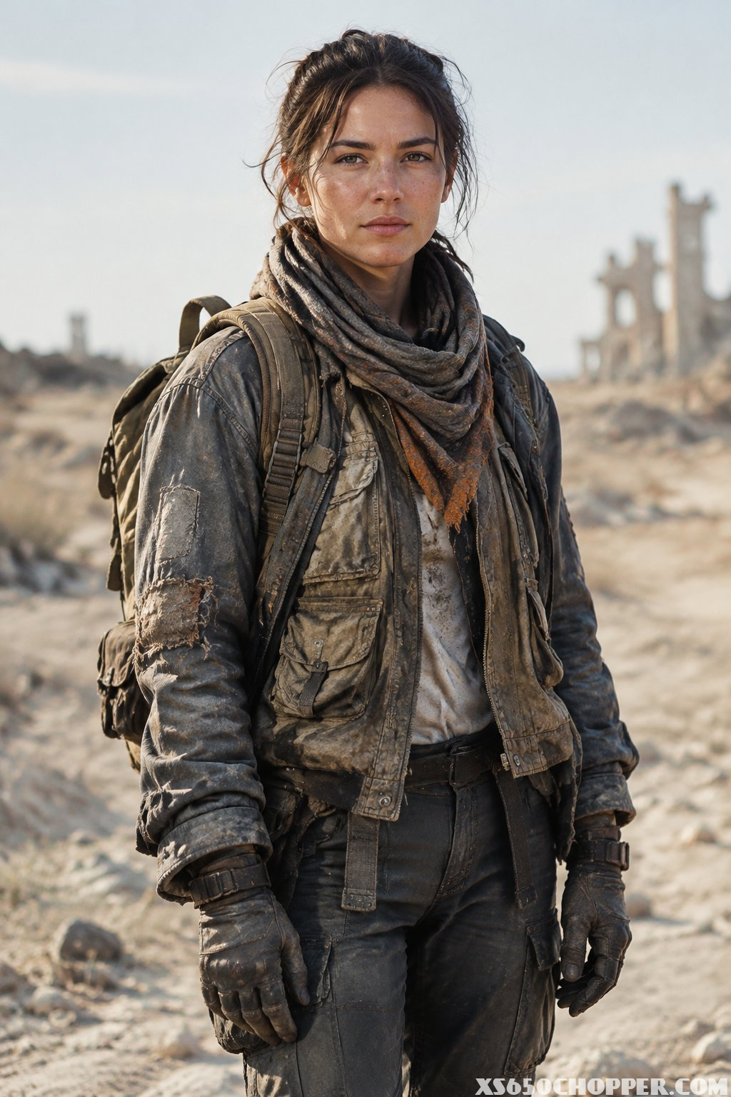 A person wearing layered, patched clothing in a barren landscape.