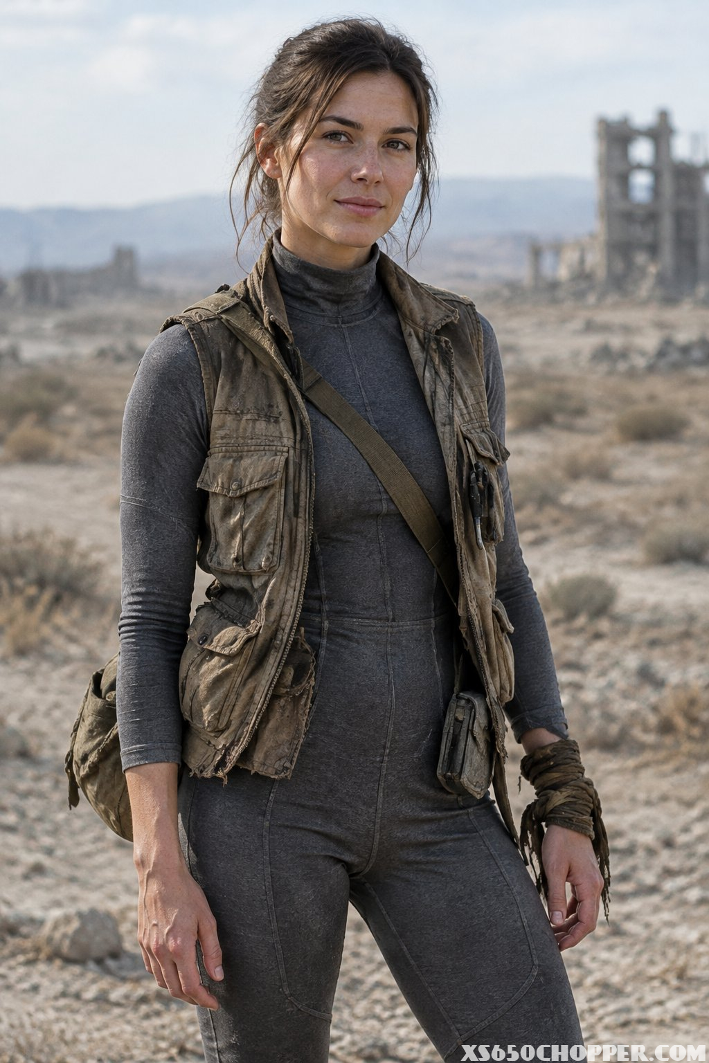 A scavenger wearing a fitted dark undersuit beneath a weathered utility vest stands in a dry wasteland.