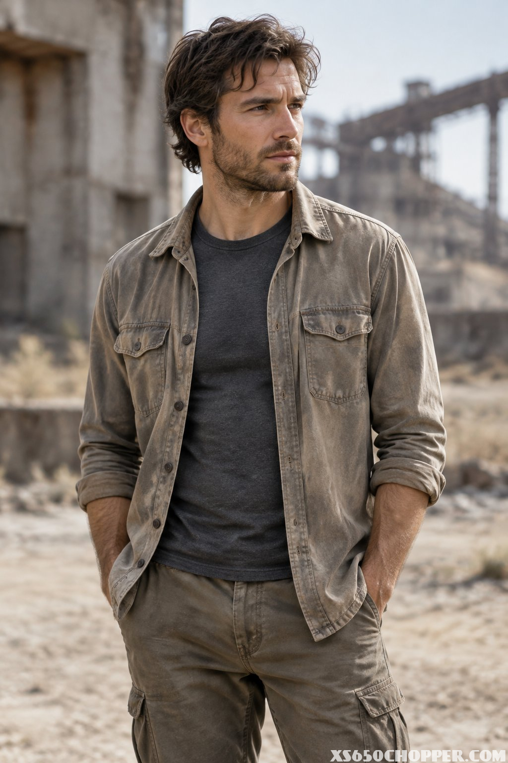 A person wears a faded work shirt open over a dark base-layer shirt.