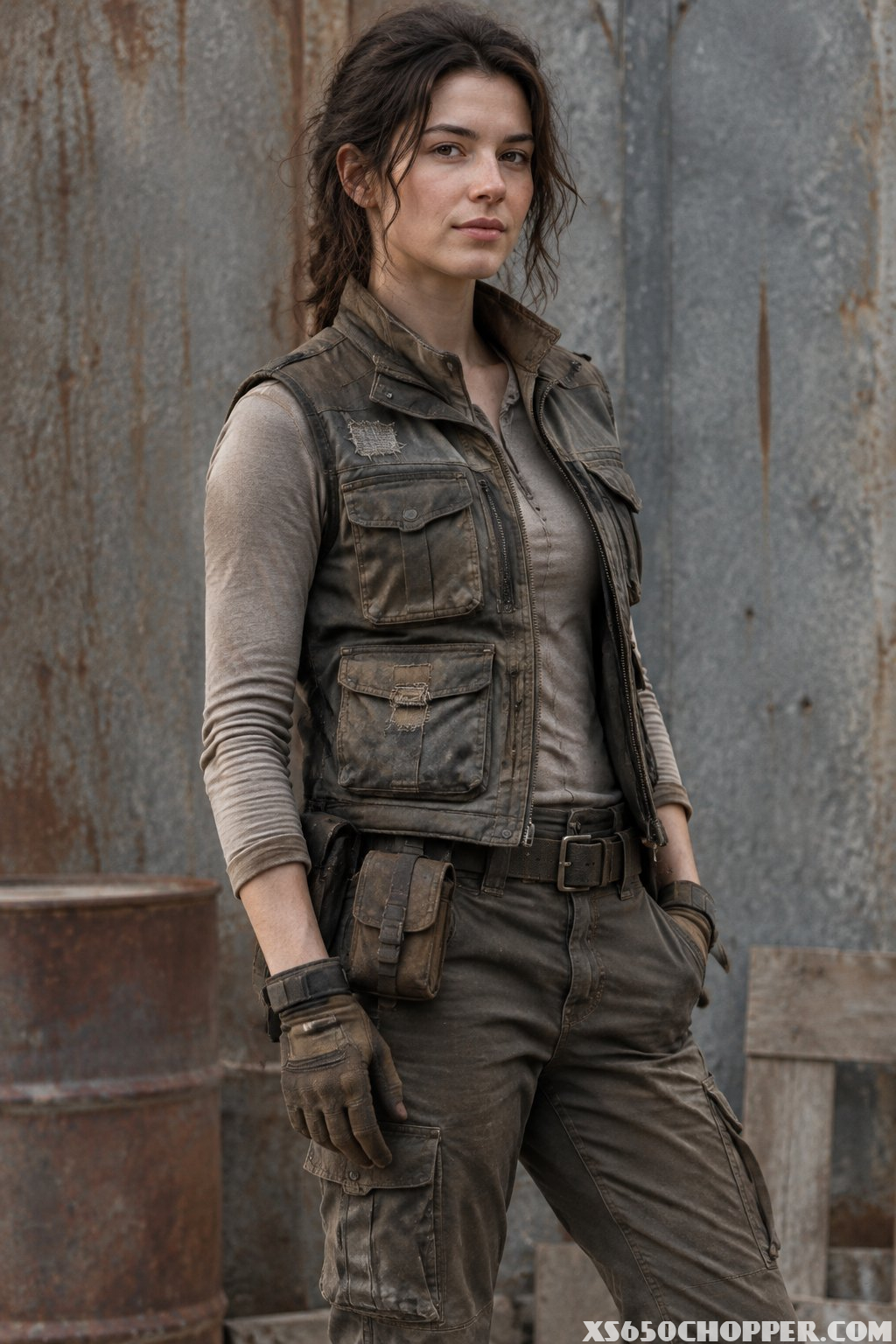 A person wears a layered, pocketed utility vest with rugged trousers and boots.