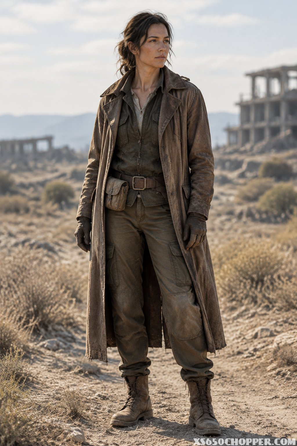 A scavenger wearing a weathered jacket stands in a dry, rugged landscape.