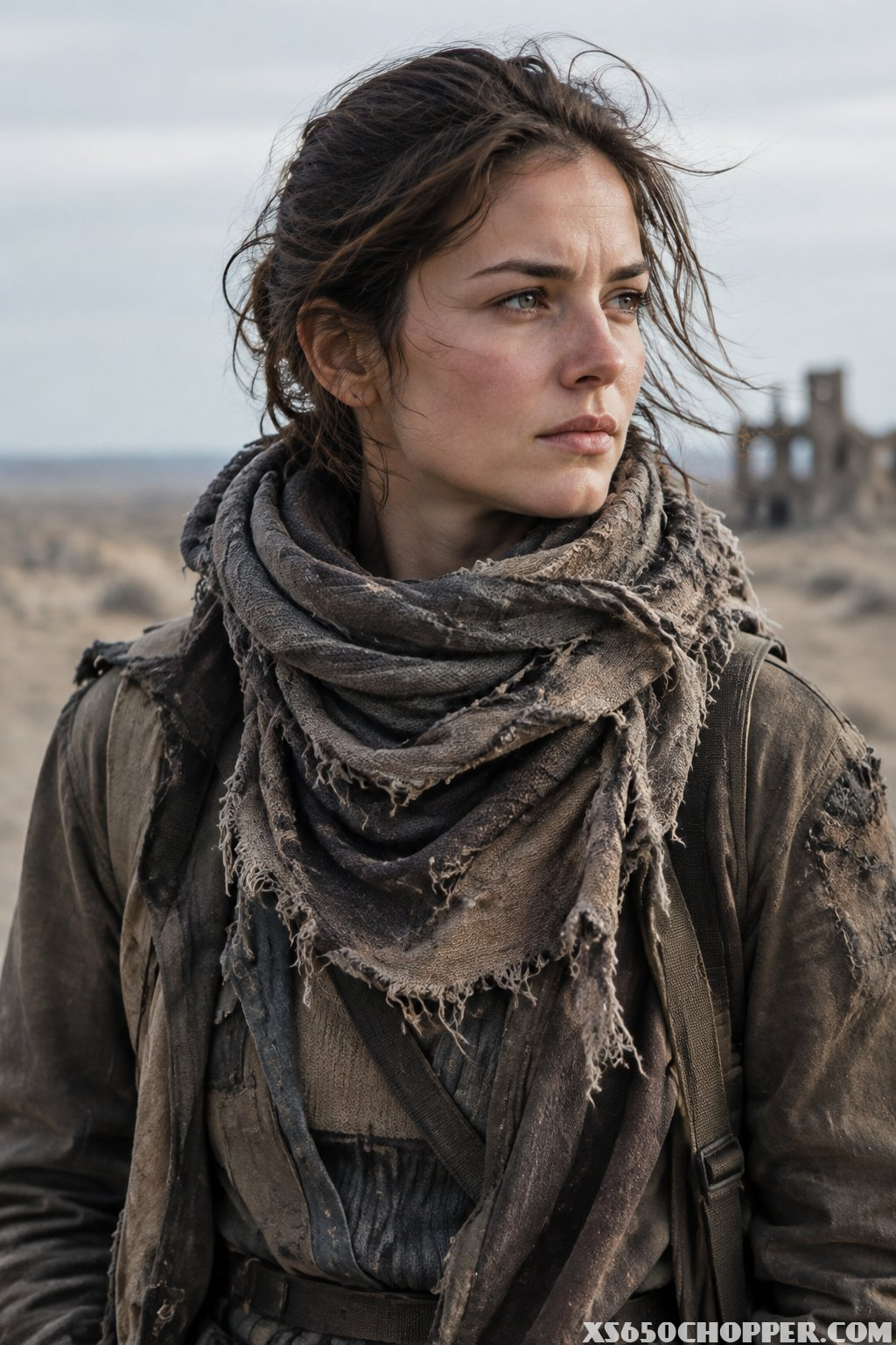 A person in rugged layered clothing wears a frayed scarf wrapped around their neck.