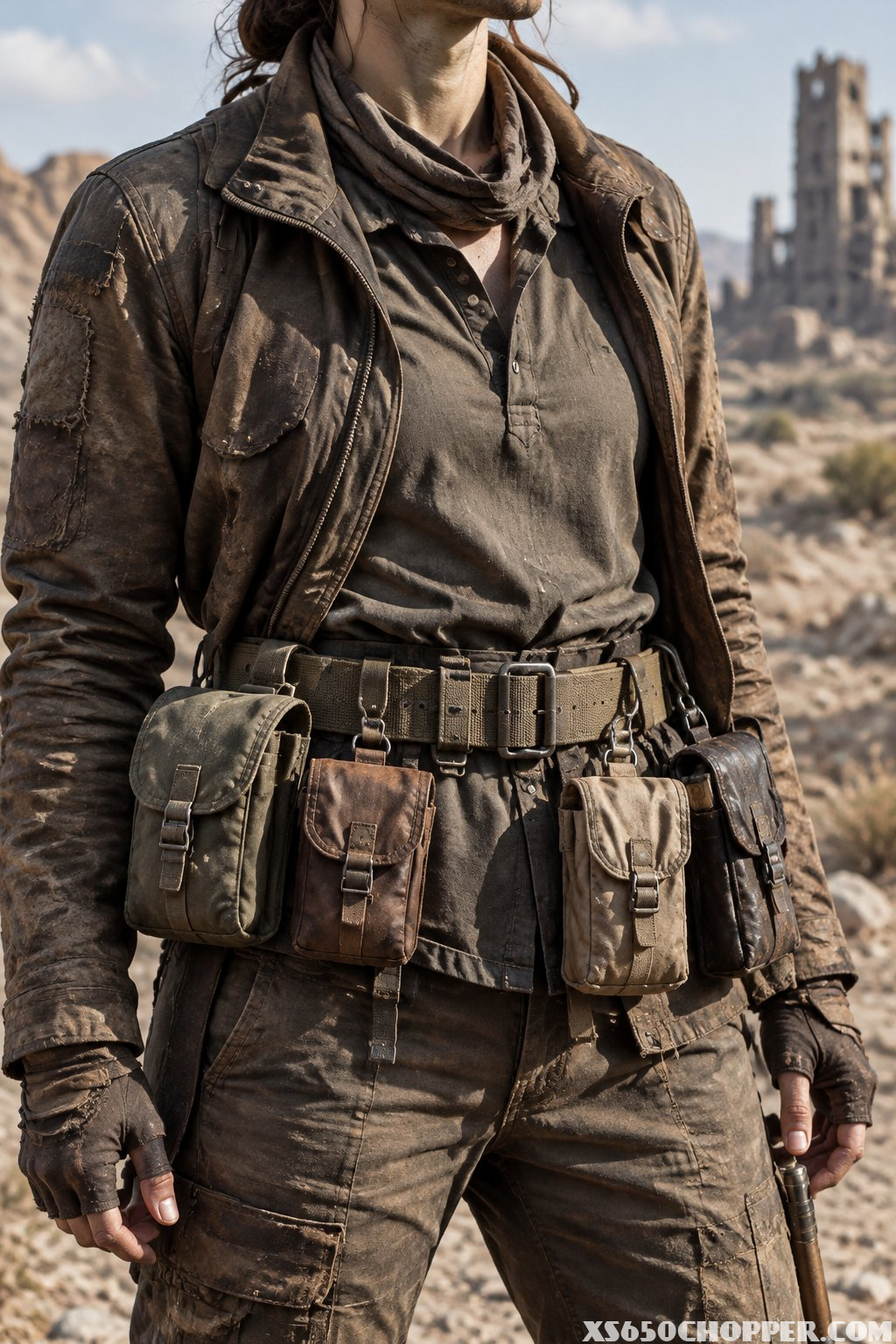 A scavenger wearing layered clothing with utility pouches attached to a canvas belt.