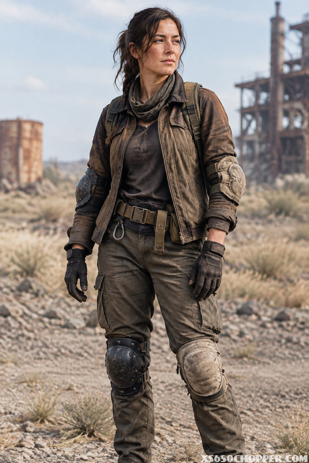 A scavenger wearing different protective pads on each knee and elbow stands in an abandoned landscape.