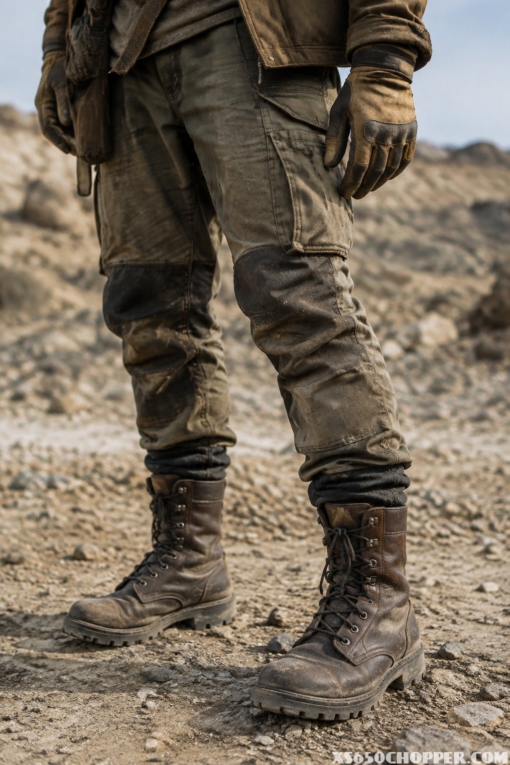 A person wearing work gloves, layered trousers, and sturdy boots on dusty ground.
