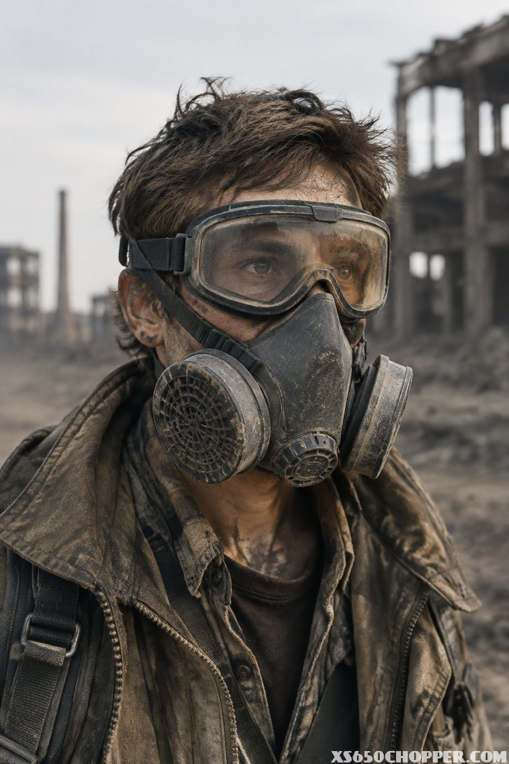 A scavenger wearing layered clothing, a respirator, and protective goggles in an abandoned industrial area.