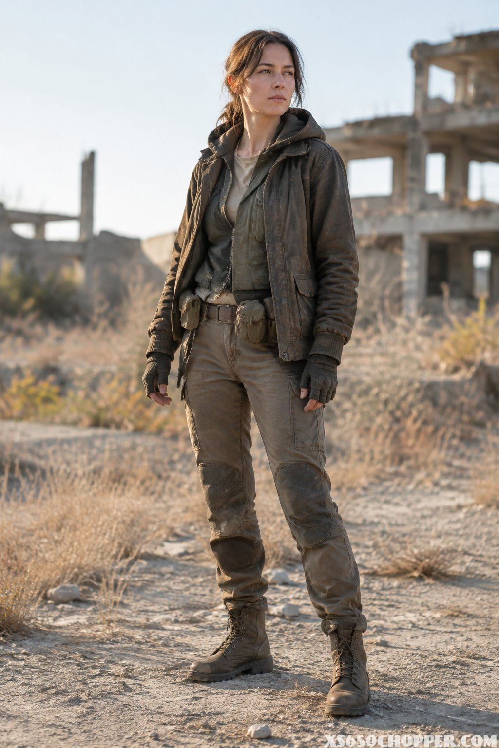 A person in layered, weathered outdoor clothing stands among abandoned concrete ruins.