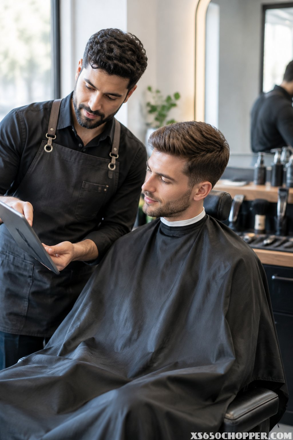 A man sits in a barbershop chair as a barber talks with him.