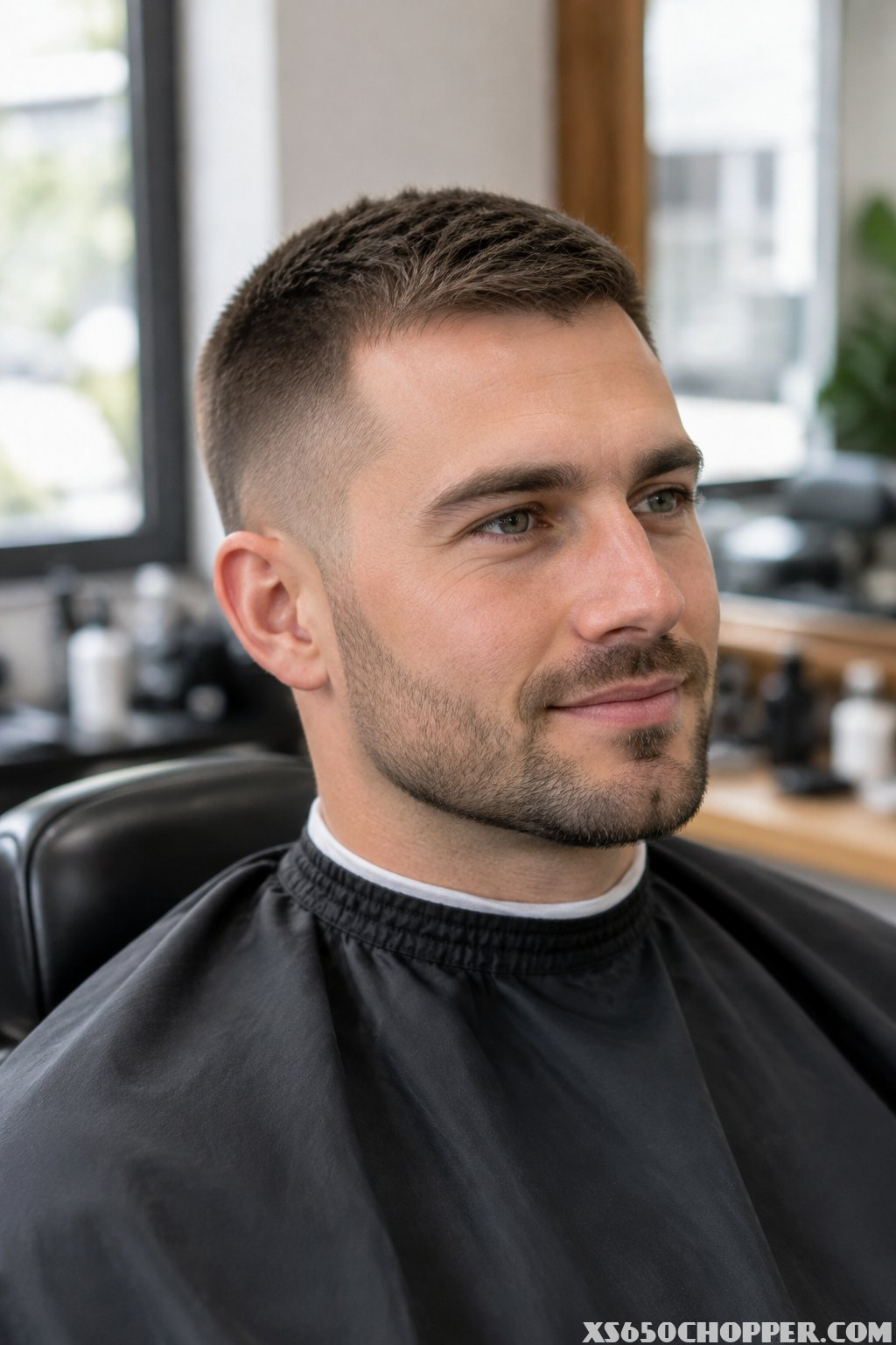 A man sits in a barber chair while a barber trims his hair.