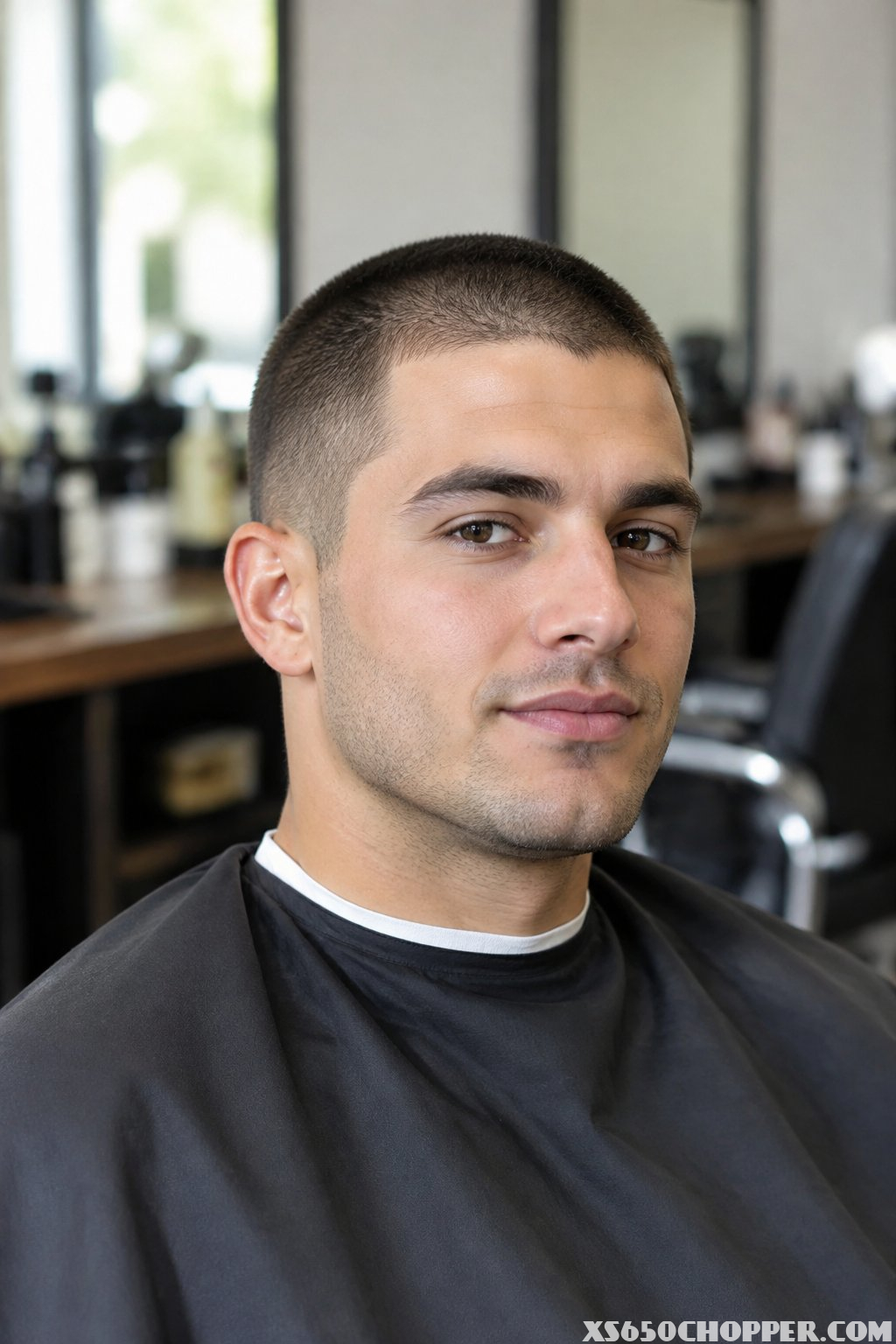 A man sits in a barbershop with very short hair.