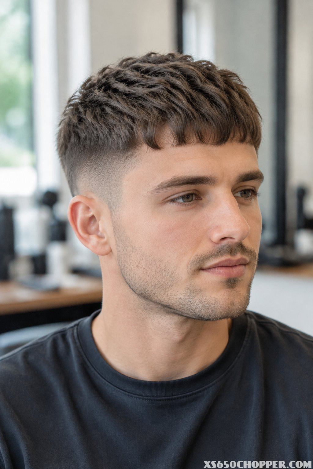 A man sits in a barbershop.