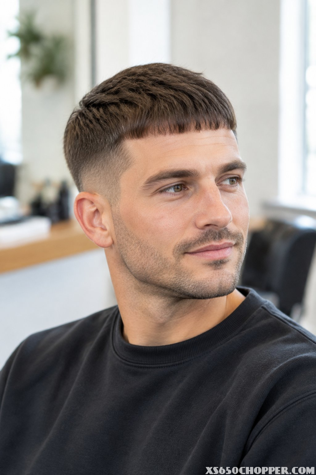 A man poses for a portrait in a bright barbershop.