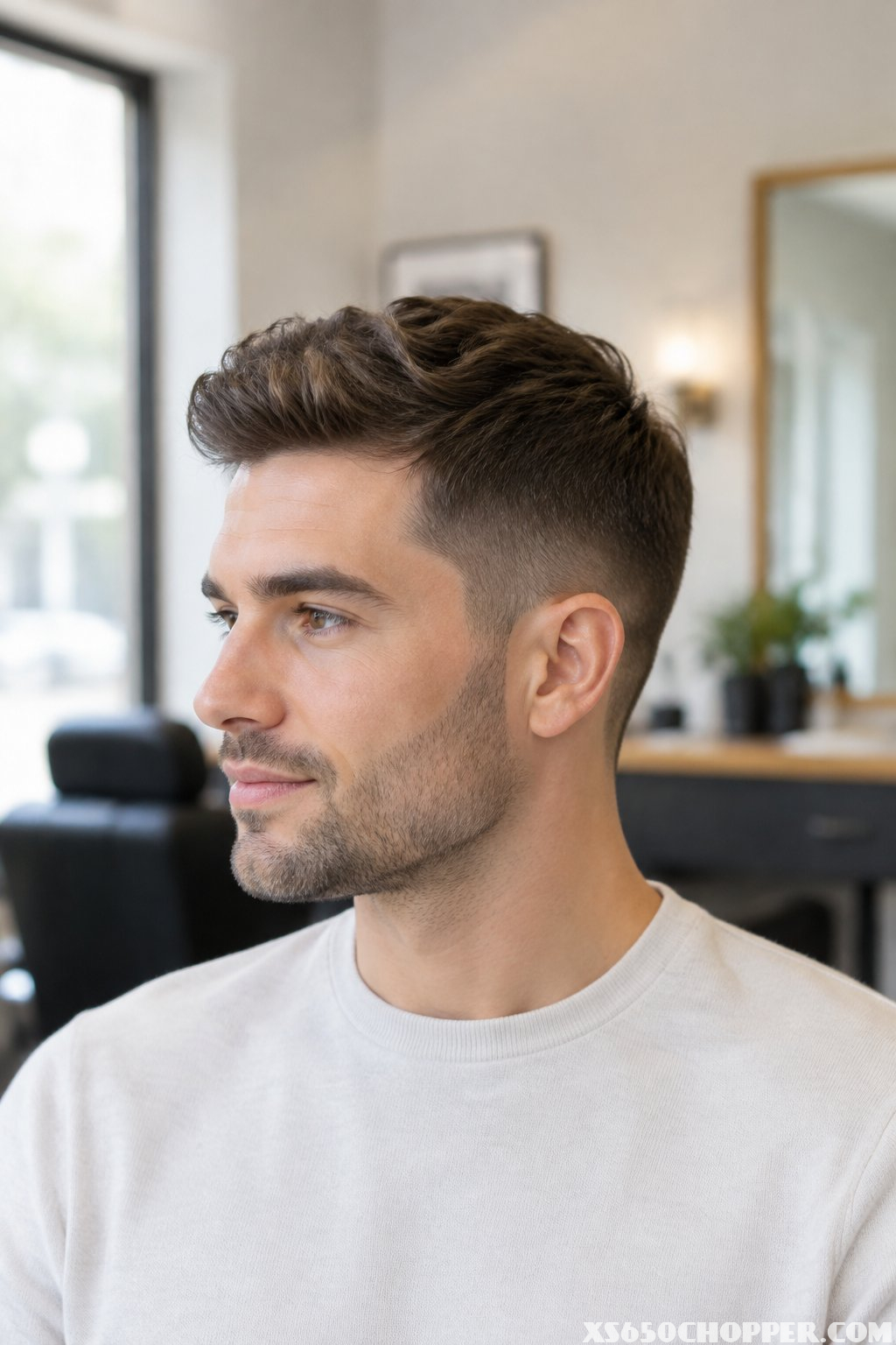 A man seated in a barbershop.